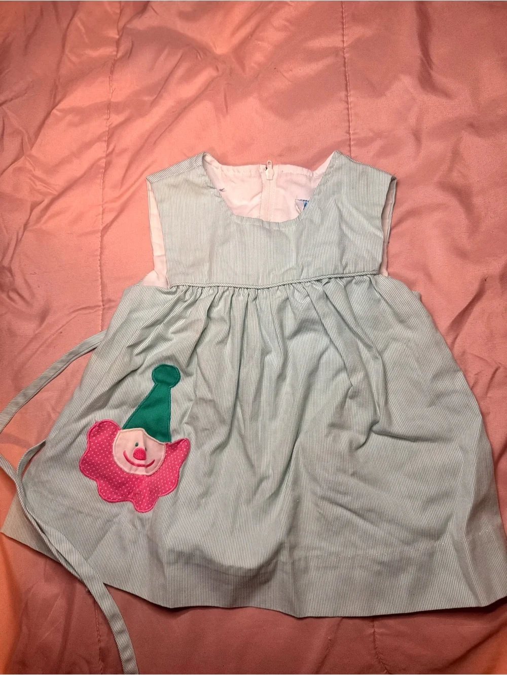 Vintage Nursery Rhyme Light Blue Dress with Pink Clown Applique and Green Hat